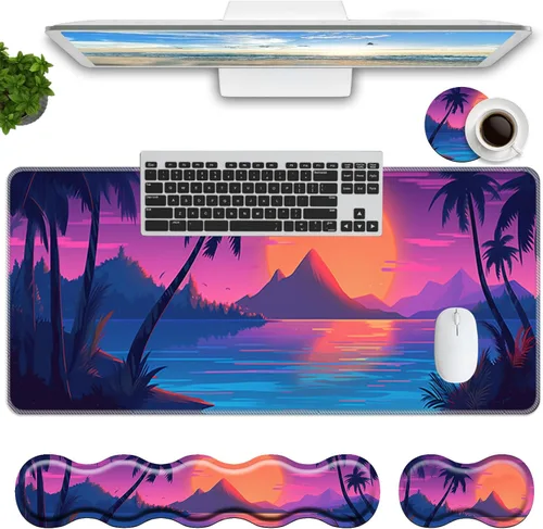 Vista 17 de Juego de alfombrillas de mouse para teclado, alfombrilla grande para mouse + reposamuñecas para teclado, soporte de muñeca + portavasos, alfombrilla