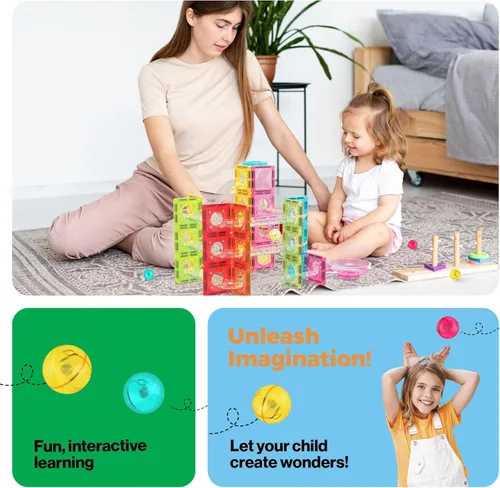 Vista 5 de PicassoTiles 60 piezas de azulejos magnéticos, bloques de construcción de tamaño para viajes, juego de juguetes de construcción de carreras