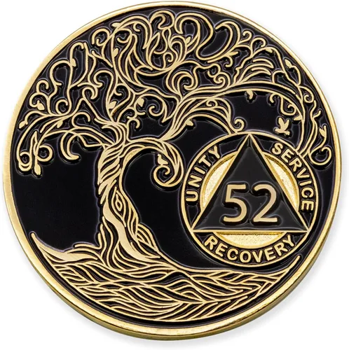 Vista 103 de 1 año Sobriety Mint Twisted Tree of Life Medallón de recuperación AA chapado en oro, chip/ficha - negro
