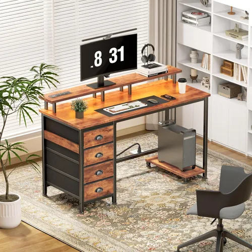 Vista 9 de Gaming Desk with Power Outlets, LED Lights, Monitor Shelf & 2 Drawers - Rustic Brown by Furologee