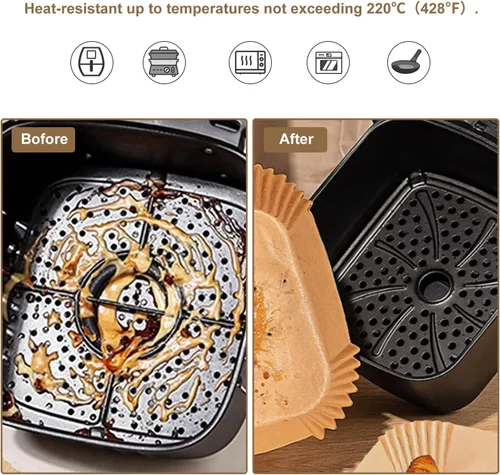 Vista 5 de Forros de papel para freidora de aire, 100 piezas de papel desechables para freidora de aire, forros de papel pergamino antiadherentes para canasta