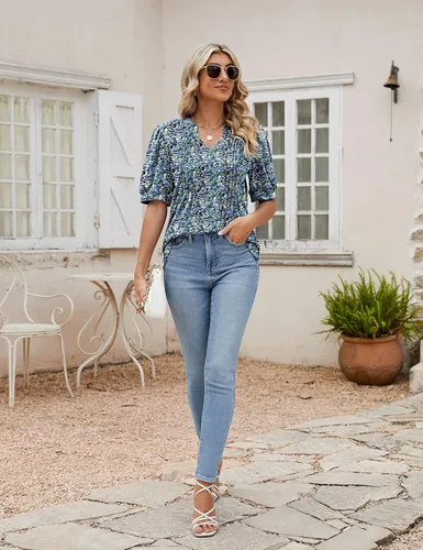 Vista 6 de Camisetas de verano con cuello en V para mujer, de manga corta, estilo casual, a la moda