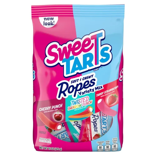 SweeTARTS Ropes Candy, mezcla variada, ponche de cereza, ponche de arco iris torcido, fresa picante, suave y masticable, 15 onzas