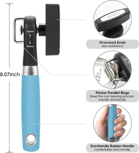 Vista 2 de Beneno Abrelatas, Abrelatas Manual de Corte Lateral Seguro con Borde Liso y Hoja Afilada Duradera, Perilla que Ahorra Esfuerzo y Mango Agua