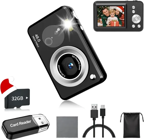 Cámara digital, FHD 1080P Point and Shoot Cámara para niños, con tarjeta de 32 GB, zoom 16X antivibración, 48 MP compacto portátil pequeño, para