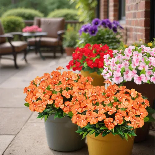 Vista 6 de 2 piezas de flores artificiales para exteriores, flores de seda, arbustos, ramo de vegetación, impatiens artificiales naranjas para macetas al aire