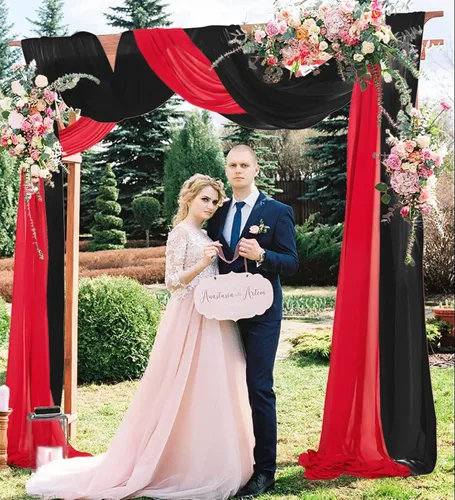 Vista 2 de AMZLOKAE Cortinas de arco de boda negras, 2 paneles de tela de gasa roja de 18 pies, arco de boda, 6 yardas, ceremonia de boda, recepción