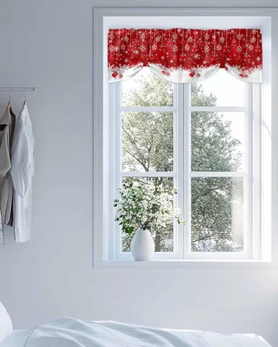 Vista 4 de Cortina de Cenefa Navideña con Cordones, Copos de Nieve de Invierno Brillantes con Destellos de Nieve, Cenefas Rojas para Ventanas Ajustables