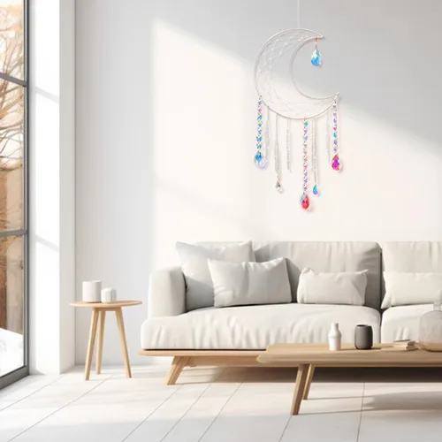 Vista 4 de Artilady Atrapasueños con Cristales - Atrapasueños Grande Blanco de Luna Boho para Pared, Decoración de Casa para Niñas, Niños, Bebés, Decoración