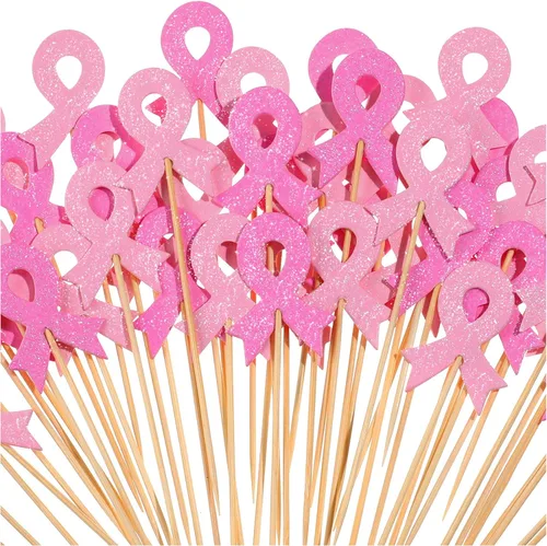 100 piezas de decoración para cupcakes de concientización sobre el cáncer de mama con purpurina de doble cara rosa roja rosa cinta rosa rosa