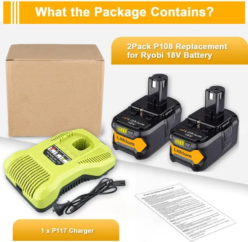 Vista 7 de 2Pack 6.0Ah PBP2005 P108 Replacement for Ryobi 18V Battery and P117 Charger Charging Station Starter Kit Compatible with Over 225 for 18v Lithium