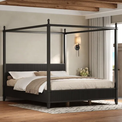 Vista 45 de Wood Canopy Platform Bed Full with Headboard, Trundle and 3 Drawers Negro-8.1