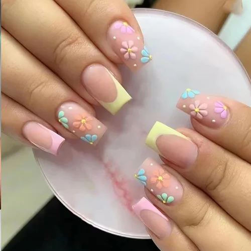 Vista 22 de 24 uñas postizas cortas a presión con flores 3D, uñas postizas reutilizables para primavera y verano, uñas acrílicas artificiales, uñas cuadradas