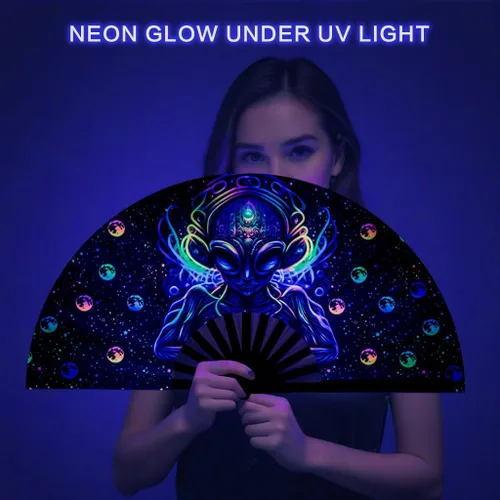 Vista 6 de Ravevibes Ventilador de mano plegable grande de 13 pulgadas, ventilador de bambú para festivales de bambú, ventiladores de Edm con brillo UV