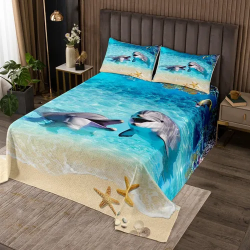 Homewish Juego de 2 piezas de colcha con diseño de delfín, diseño de vida marina y estrellas de mar, coral, para decoración de habitación de niños,
