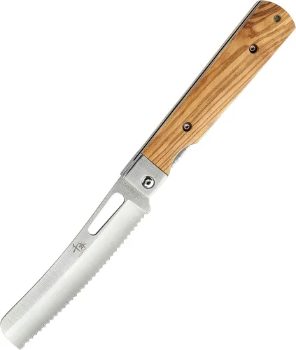 Vista 6 de SENBON Cuchillo de bolsillo plegable de acero inoxidable 440A con sierra para pan japonés, mango natural de oliva, para camping al aire libre