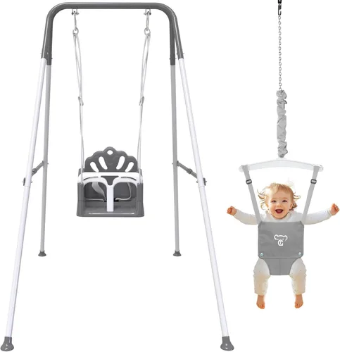 Juego de columpio plegable para bebé y niño pequeño, uso en interiores y exteriores, columpio con rebotador para bebé, juego de columpio seguro y