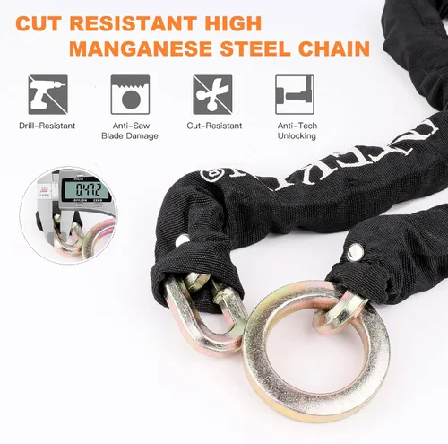 Vista 3 de Candado de cadena de bicicleta resistente de 4 pies, 0.472 in de grosor, bloqueo de disco de 0.630 in para motocicletas, scooters, puertas
