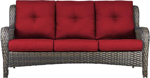 Vista 30 de Sofá Pop Patio de 2 plazas para exteriores con cojines gruesos de botones, respaldo alto, muebles de ratán de mimbre marrón resistentes y cómodos