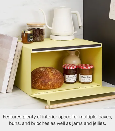 Vista 5 de YAMAZAKI Home Modern Panera – Recipiente de almacenamiento de pan de acero + madera, caja de pan grande amarilla para encimera de cocina, panera que