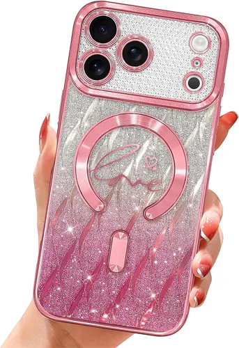 Vista 36 de Funda magnética transparente con purpurina para iPhone 14, compatible con Magsafe, diseño de corazón de amor, chapado de lujo, protector completo
