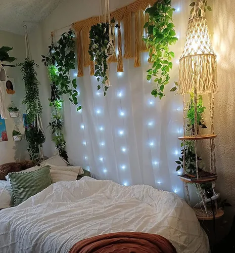 Vista 6 de QIYIZM Lámpara colgante bohemia enchufable con cable de enchufe, lámpara colgante regulable de macramé y estante de soporte para plantas, decoración