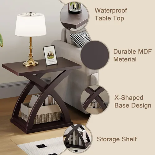 Vista 4 de ChooChoo End Side Table, Modern End Table with Storage Shelf, X-Design Side Table Living Room(Espresso)