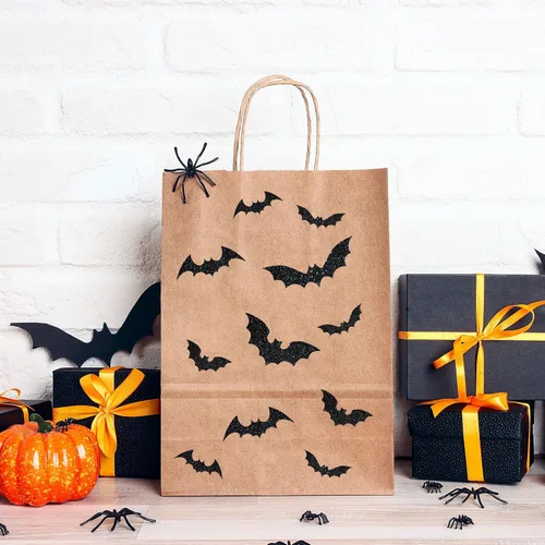 Vista 7 de AnyDesign 300 etiquetas adhesivas de murciélago de Halloween, 15 hojas autoadhesivas con patrón de murciélago con purpurina negra para tarjetas