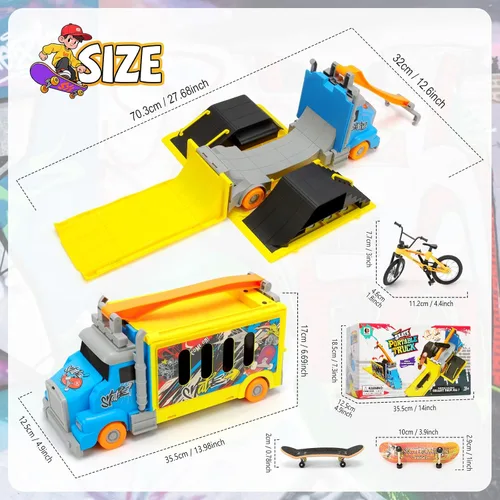 Vista 7 de Set de Parque de Patineta Hestiasko, Vehículo Camión Transformable 2-en-1 con 3 Diapasones, Bicicleta de Dedo, Rampas, Estuche de Almacenamiento