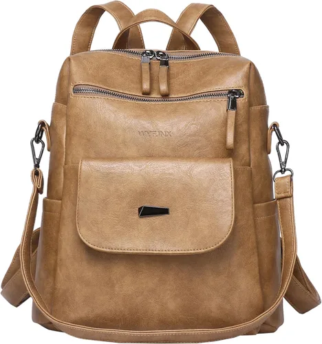 Vista 15 de Mochila de cuero sintético para mujer, diseño multiusos de moda, bolso de mano para damas, bolsa de hombro, mochila de viaje, Beige