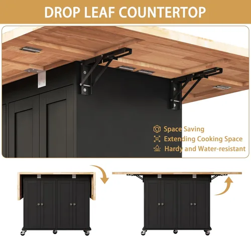 Vista 7 de 62.8" Rolling Kitchen Island with Drop Leaf Rubberwood Countertop, Mobile Kitchen Cart with Storage Cabinet & Lockable Wheel, Space-Saving Foldable
