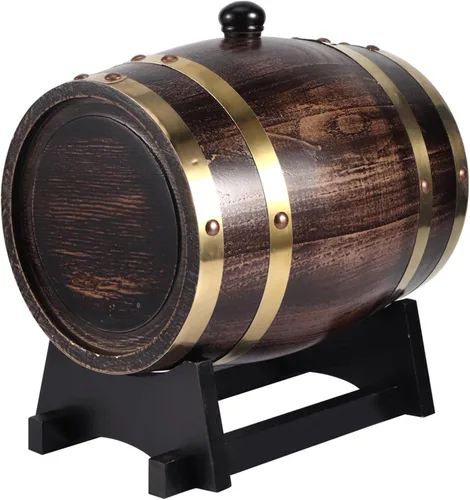 Vista 8 de Barril de whisky de madera, barril de envejecimiento de roble de 3 litros con 4 soportes y grifo, barril de vino tinto para cerveza casera