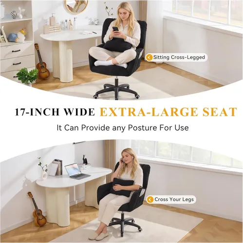 Vista 6 de FOXHUNTER Silla de tocador con respaldo ergonómico y ruedas, silla giratoria de 360°, silla de oficina en casa de altura ajustable para sala de Negro