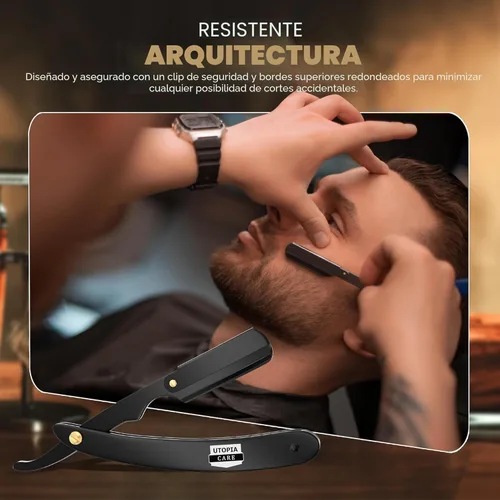 Vista 7 de Utopia Care - Rasuradora de seguridad profesional, para peluquero, de borde recto, con 100 cuchillas Derby, 100 % acero inoxidable, (negro)
