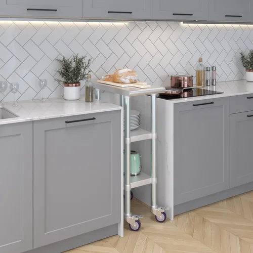 Vista 7 de Mesa de trabajo de acero inoxidable con 2 estantes con ruedas Mesa de utilidad de metal Mesa de utilidad NSF comercial y residencial