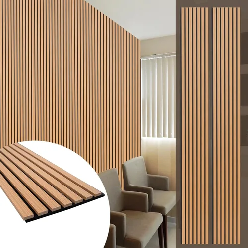 Vista 17 de Yuzzy Paneles de madera para pared y techo, paneles acústicos de listones de madera de 108 x 11 pulgadas, 2 unidades, paneles de pared modernos que
