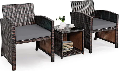 Tangkula Juego de muebles de ratán de polietileno de 3 piezas, juego de conversación de patio con silla y mesa de café de almacenamiento, cojín