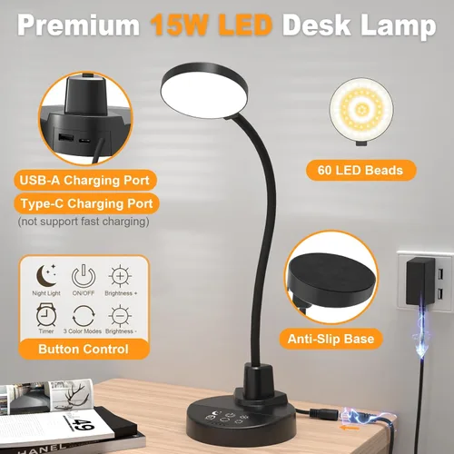Vista 8 de Lámpara de escritorio LED de 15W con puertos de carga USB – Lámpara de mesa regulable con 3 temperaturas de color, 5 niveles de brillo, 4