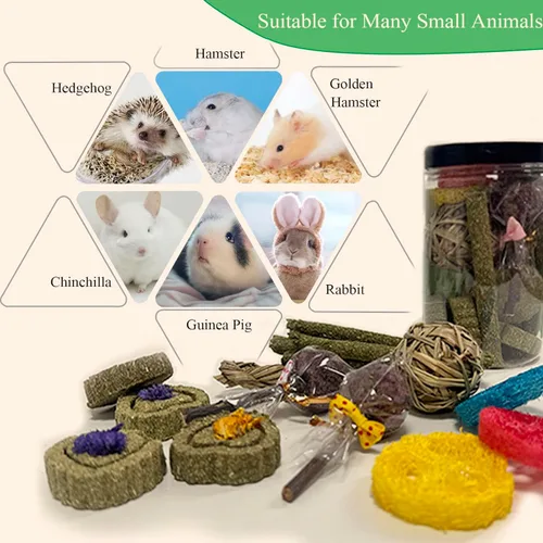 Vista 6 de Juguetes masticables de conejo para dientes, 16 piezas de juguete natural para masticar heno Timothy, mejora la salud dental