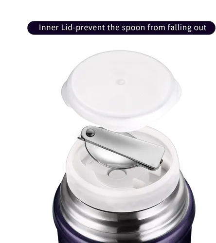 Vista 5 de Contenedor de almuerzo aislado para alimentos calientes, 26 onzas, boca ancha, acero inoxidable, a prueba de fugas, termo con cuchara plegable