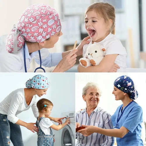 Vista 5 de Honoson 6 piezas de gorras de trabajo dental para mujer, gorras ajustables Bouffant para enfermeras, gorras de pony para peinado turbante para mujer