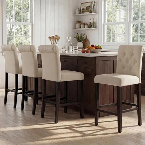 Vista 9 de GOTMINSI Taburetes de tela beige de 24 pulgadas, juego de 2 sillas tapizadas de altura de mostrador con decoración copetuda de estilo ocio