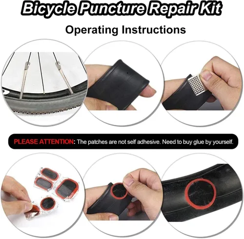 Vista 6 de Oumers Kit de reparación de mecánico de ciclismo multifunción con palanca de neumático de 3 piezas, 5 piezas de parches de neumáticos para raspador