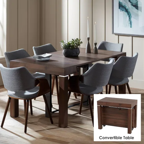 Vista 2 de Warhol - Mesa de comedor rectangular moderna de madera de nogal envejecida, 59 1/4 x 35 1/2 pulgadas, extensión de 2 hojas marrón para espacios