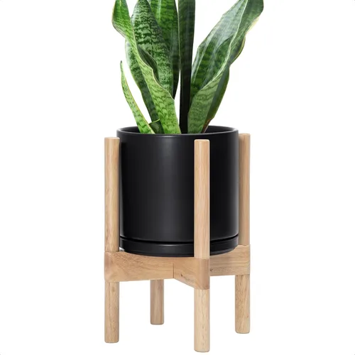 Vista 34 de D'vine Dev Maceta de cerámica con soporte de ébano – Maceta redonda moderna de 8 pulgadas con soporte para maceta de madera, color negro, 55-B-M-2