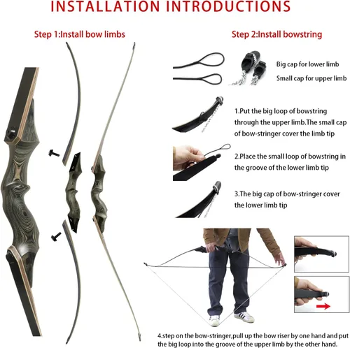 Vista 5 de Black Hunter - Arco de madera de caza con arco largo americano para adultos, mano derecha, 60 pulgadas, práctica de objetivo de 30-60 libras