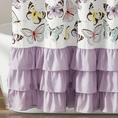 Vista 4 de Lush Decor Cortina de ducha con diseño de mariposa, 72 x 72 pulgadas, lila