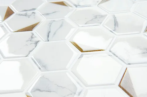 Vista 3 de 10 hojas de azulejos adhesivos de pared para salpicaduras de cocina, azulejos hexagonales, azulejos para cocina, mármol blanco de 10 x 10 pulgadas