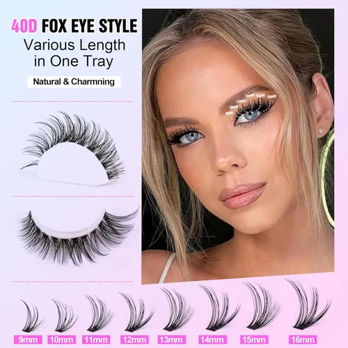 Vista 3 de Kit de racimos de pestañas Pawotence, kit de extensión de pestañas ojo de gato, kit de extensiones de pestañas en racimo 9-16mm, 40D, pestañas