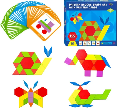 155 PIEZAS Juego de Bloques de Patrón de Madera, 24 Tarjetas de Diseño Doble Cara (48 Patrones) Rompecabezas de Forma Geométrica Divertido Tangram